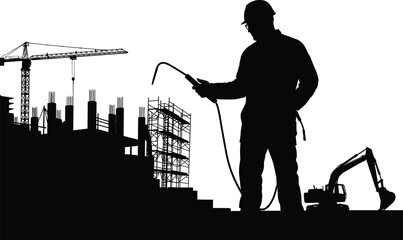 Welder silhouette with torch, construction worker welding, industrial black illustration, building site with cranes, scaffolding, excavator, rebar columns, structural engineering