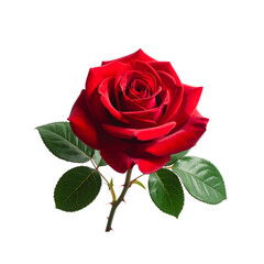 a blooming red rose with green leaves, isolate on a white background
