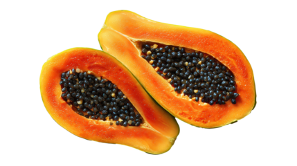 Halved Papaya with Seeds on White Background for Food Blogging and Nutrition Content