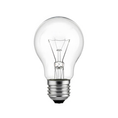 A clear incandescent light bulb with a visible filament and a metallic screw base, isolated on a white background, representing illumination.