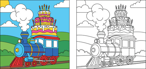 Birthday Cake Train Coloring Page © AbuNazam