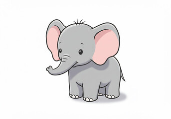 Naklejka premium A cute cartoon elephant with large ears and a small trunk stands on a white background.