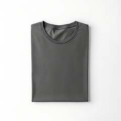 Minimalist mockup of a folded plain gray crew neck t-shirt isolated on a clean white background