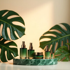Illustration of a green 3D stone podium featuring palm trees and a perfume bottle.