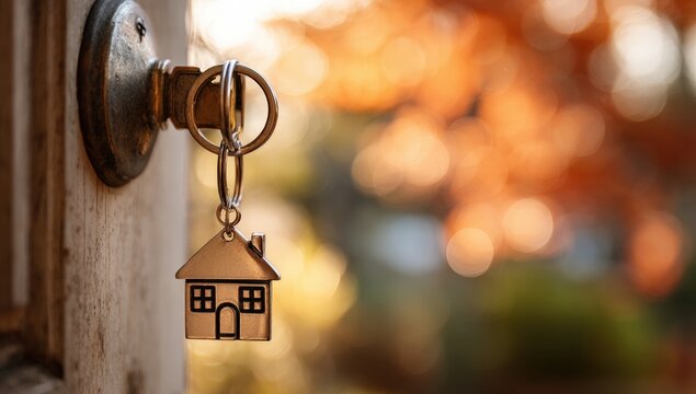 Keys and a house charm in a doorway, autumnal background