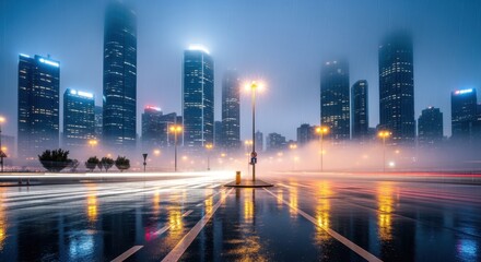 Fototapeta premium Foggy cityscape night scene