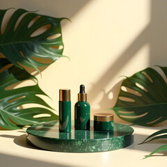 A green 3D stone podium featuring an illustration of a perfume bottle.