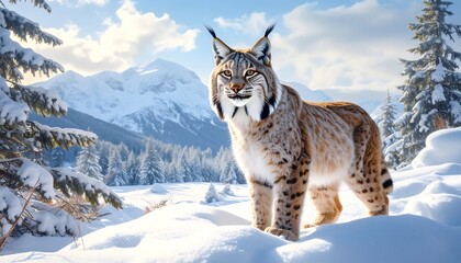 Obraz premium Lynx in snowy mountains