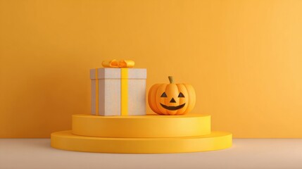 a pumpkin sitting on a pedestal with a gift