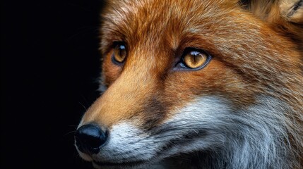 a close up of a fox's face with a black background