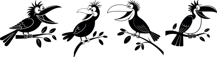 Cartoon Birds on Branches in Black and White Vector Illustration Happy Bird Collection Art