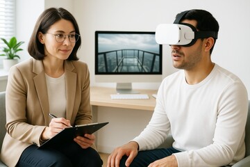 Woman conducting virtual reality therapy session with man wearing VR headset in modern clinical setting with computer background on desk. Ai generative