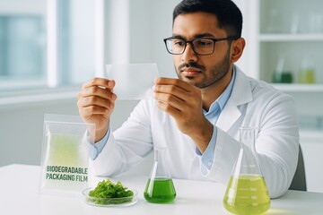 Scientist analyzing biodegradable packaging film made from algae in laboratory environment with green solution flasks on white background. Ai generative