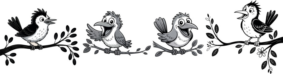 Four Cartoon Birds Singing on Branches in Black and White Illustration for Children