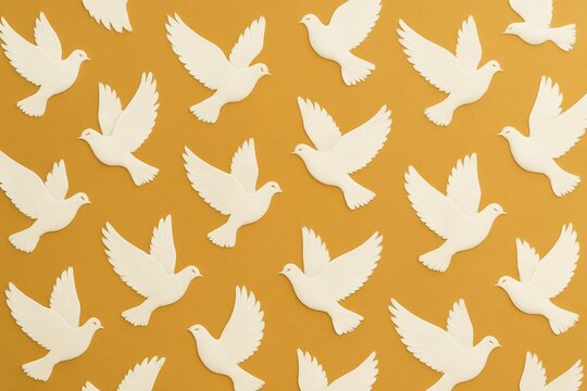 White doves flying in pattern on golden background symbolizing peace and culture in light creative style. Ai generative