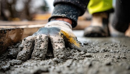 Naklejka premium Close-up of a worker's hand in a protective glove, mixing concrete on a construction site