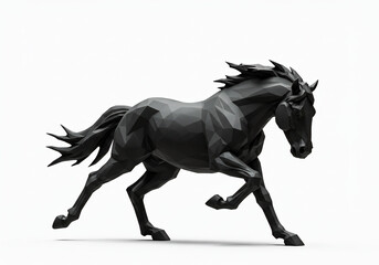 Fototapeta premium A low-poly, black horse figure is captured in motion, galloping against a stark white background.
