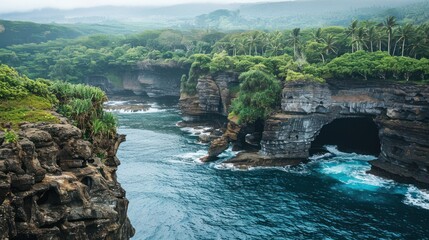 Coastal landscape with caves and cliffs