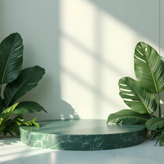 Green 3D stone podium in modern interior design with plants and natural decoration in a bright home or office space