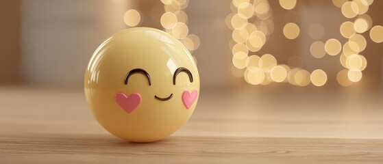 Cheerful yellow emoji ball with blushing cheeks and smiling face on wooden surface with blurred festive lights in background