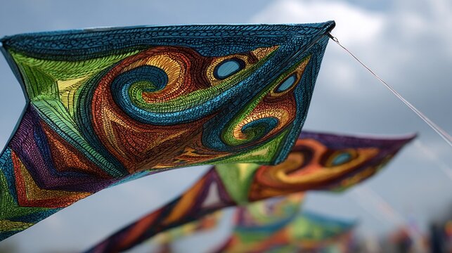 Colorful embroidered kites soar in the sky