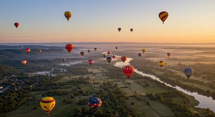 Breathtaking aerial panorama of colorful hot air balloons floating over a scenic river valley during a beautiful golden sunrise