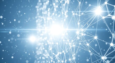Abstract network of interconnected nodes and lines with bright light effect