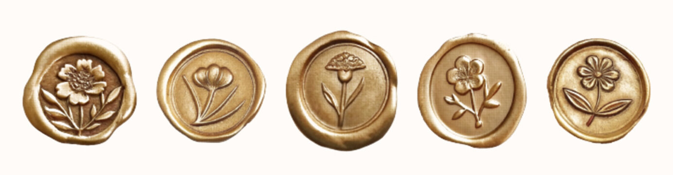 Set of golden wax seals with floral stamps. Vintage halftone effect. Isolated elements on a white background. Perfect for wedding invitations, branding, scrapbooking, and retro stationery design.