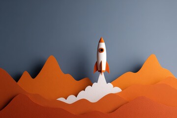 Rocket launching over orange hills