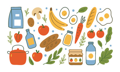 Playful Food Doodle Collage Flat Vector Ingredients Set on White, easily editable and scalable.