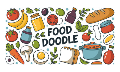 Playful Food Doodle Collage Flat Vector Ingredients Set on White, easily editable and scalable.