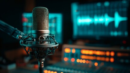 Condenser microphone on boom arm with shock mount in radio studio, waveform displays and mixing console bokeh, teal-orange lighting
