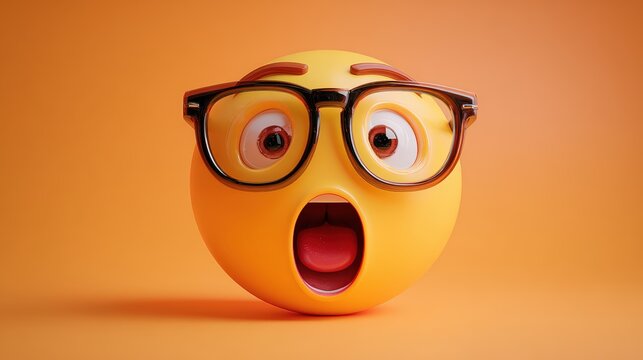 Expressive yellow emoji face wea black glasses with surprised and shocked expression on a vibrant orange background