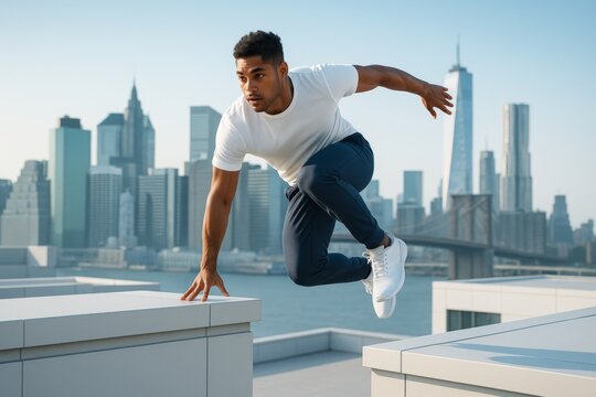 Athletic man performing parkour jump over rooftop ledges with city skyline in background during bright daylight, showcasing urban sport energy. Ai generative - Powered by Adobe