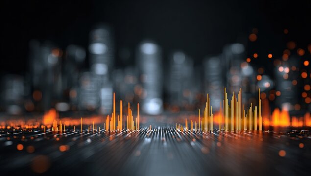 Abstract cityscape with digital audio visualization