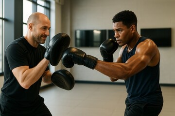 Focused boxer training with coach using punch mitts in gym with natural light and modern interior background. Concept of strength and discipline. Ai generative