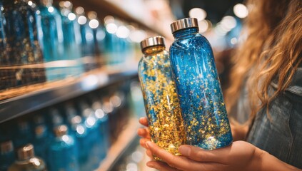 Close-up of two decorative water bottles held by a person
