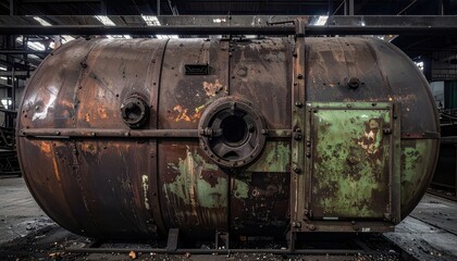 Old Industrial Tank with Rusty Surface in Abandoned Warehouse