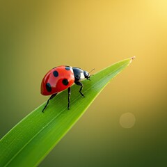 Closeup of a Ladybug on a Green Blade of Grass in Soft Sunlight