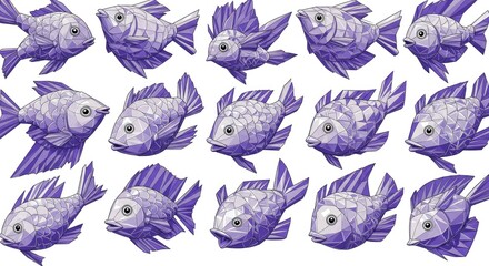 Collection of Purple Pixel Art Fish Illustrations on White Background Detailed Digital  Artwork of Aquatic Life Forms in a Uniform Style Seamless