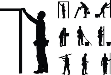 Construction worker silhouettes with frame, full black illustration, builders measuring and carrying beams, labor men at work, contractor, tradesman, safety helmet, engineer, teamwork