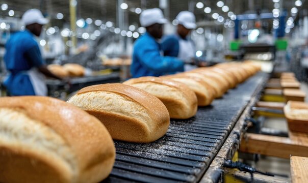 Fresh loaves moving on a conveyor belt in a bakery