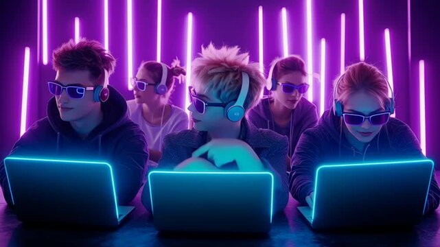 Teenagers wearing sunglasses and headphones working on laptops in a dark room with vibrant purple neon lights, illustrating tech culture and gaming teamwork
