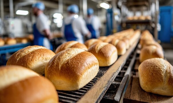 Bakery production line with loaves of bread