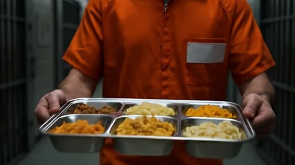 Prisoner In Orange Jumpsuit Carrying Tray Of Food In Correctional Facility - Powered by Adobe