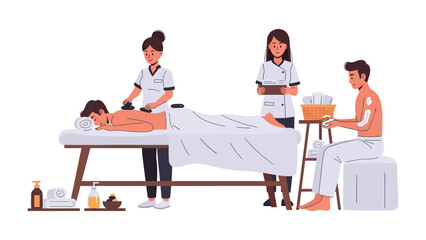 Professional spa therapists providing relaxing hot stone massage and aromatherapy treatment to clients in a serene wellness center environment