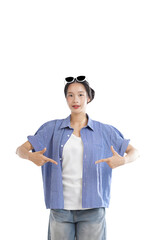 Stylish Woman with Sunglasses: A confident woman poses with sunglasses, pointing at herself, embodying self-assuredness and stylish expression. 