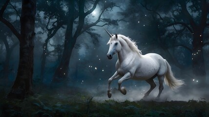Mystical white unicorn gallops through moonlit enchanted forest with glowing lights