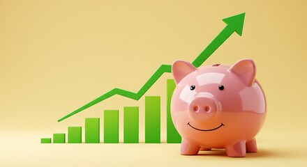 Pink piggy bank with a smiling face, set against a backdrop of a rising green bar chart and an upward arrow, symbolizing financial growth, savings, and investment success.