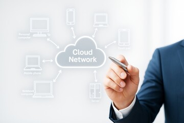 Businessman drawing cloud network technology concept with connected devices on light background using stylized digital interface elements.